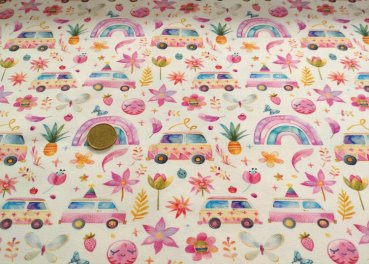 Miami Beach Baumwoll-Jersey mit Regenbogen und Blumen, ein Mädchenstoff von Hilco